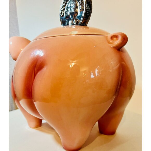 Vtg Clay Art Hand Painted Piggy Cookie Jar 1999 Unique Lid with Chrome Coin READ - Picture 3 of 10